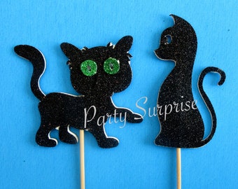 Cat Cupcake Toppers Black Glitter Kitten Toppers Cat Birthday Party Kitten Pet Adoption Rescue Birthday Party Cupcake or Cake Toppers