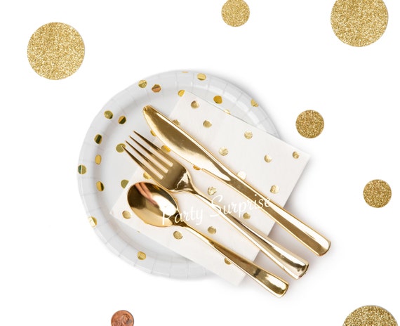 Plates Napkins White with Gold Foil Dots Dessert Appetizer Disposable Plates Bev Napkins Party Wedding Bridal Shower Anniversary Dessert Bar Il_570xn