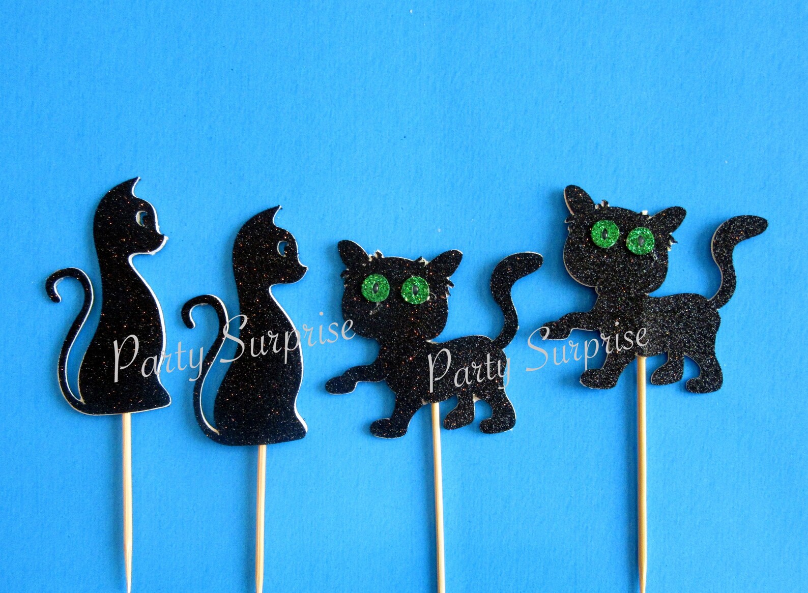 Cat Cupcake Toppers Black Glitter Kitten Toppers Cat Birthday Etsy