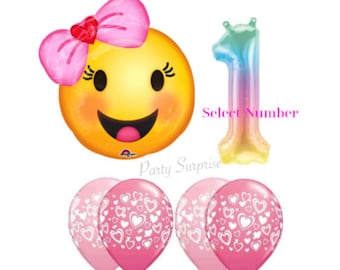 Smiley Emoji Girl with Pink Hair Bow Girl Birthday Balloons Baby Girl 1st Birthday Made in USA Girl Birthday Balloons Emoji with Bow