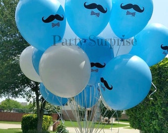 Baby Mustache Balloons, Boy Mustache Party Balloons, Boy Baby Shower Mustache Balloons, White Pearl Blue Sapphire Boy Party Balloons