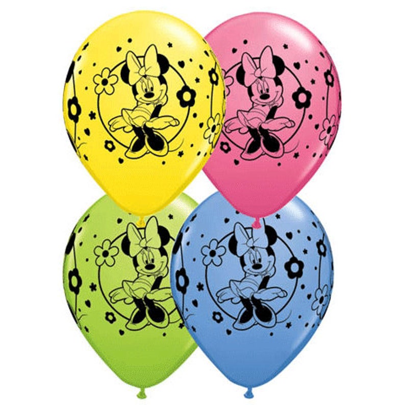 Pode incluir: Quatro bal&otilde;es com desenhos da Minnie Mouse. Os bal&otilde;es s&atilde;o amarelos, rosa, verdes e azuis. Cada bal&atilde;o tem uma imagem em preto e branco da Minnie Mouse com um la&ccedil;o e flores.