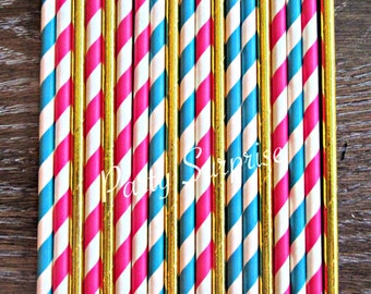Pink and Blue Teal Straws Gold Foil Straws Striped Straws Raspberry Pink Blue Teal Gold Straw Mix Gender Reveal Baby Shower Birthday Straws