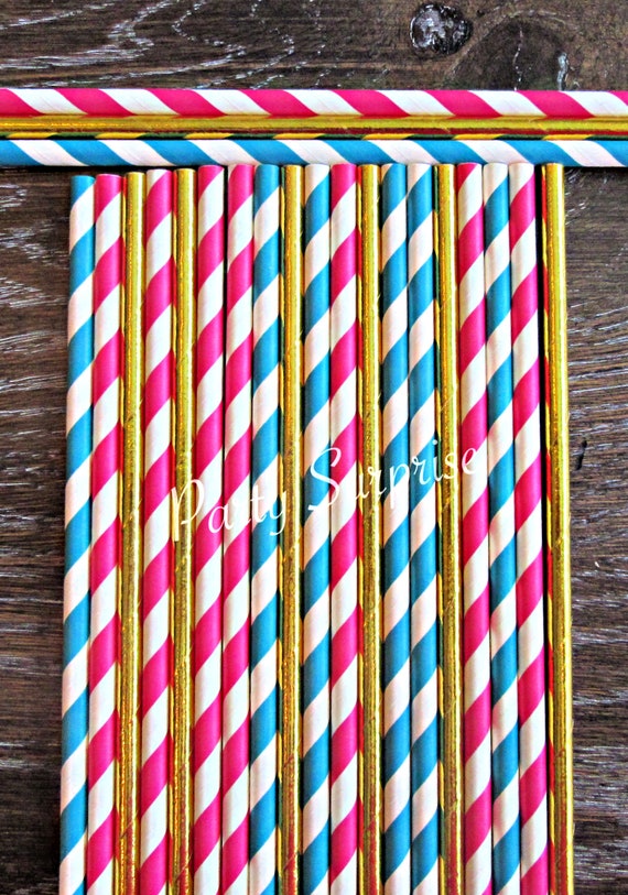 Pink and Blue Teal Straws Gold Foil Straws Striped Straws Raspberry Pink Blue Teal Gold Straw Mix Gender Reveal Baby Shower Birthday Straws Il_570xn
