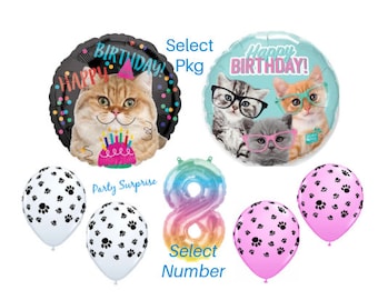 Cat Birthday Balloons Pkg Rainbow Number Balloon Pink White Paw Print Balloons Made in USA