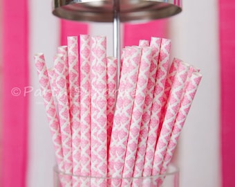 Pink straws Damask,Pink and White Damask Paper Straws,Wedding Straws,Baby Shower Straws Princess Straws,Vintage Pink Party Straw