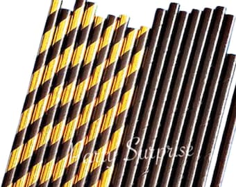 Black and Gold Paper Straws, Striped & Solid, Party Decorations
