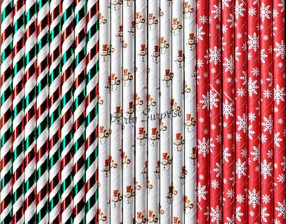 Christmas Straws Red Green Red Metallic Foil Stripes Snowman Straws  Christmas Party New Years Christmas Eve Dinner Metallic Straws 