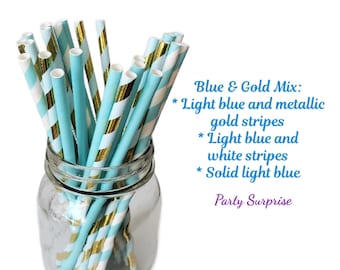 Blue and Metallic Gold Straw Mix, Baby Boy Shower, Boy Birthday, Paper Straws