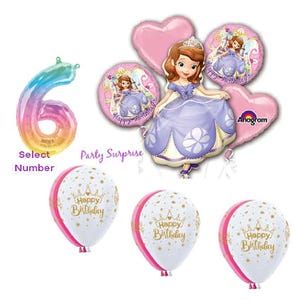 May include: A set of six princess-themed party balloons. The set includes a rainbow number six balloon, a heart-shaped balloon with a princess character, a round balloon with a princess character, a round balloon with a princess character and the text "Happy Birthday", and a round balloon with the text "Happy Birthday".