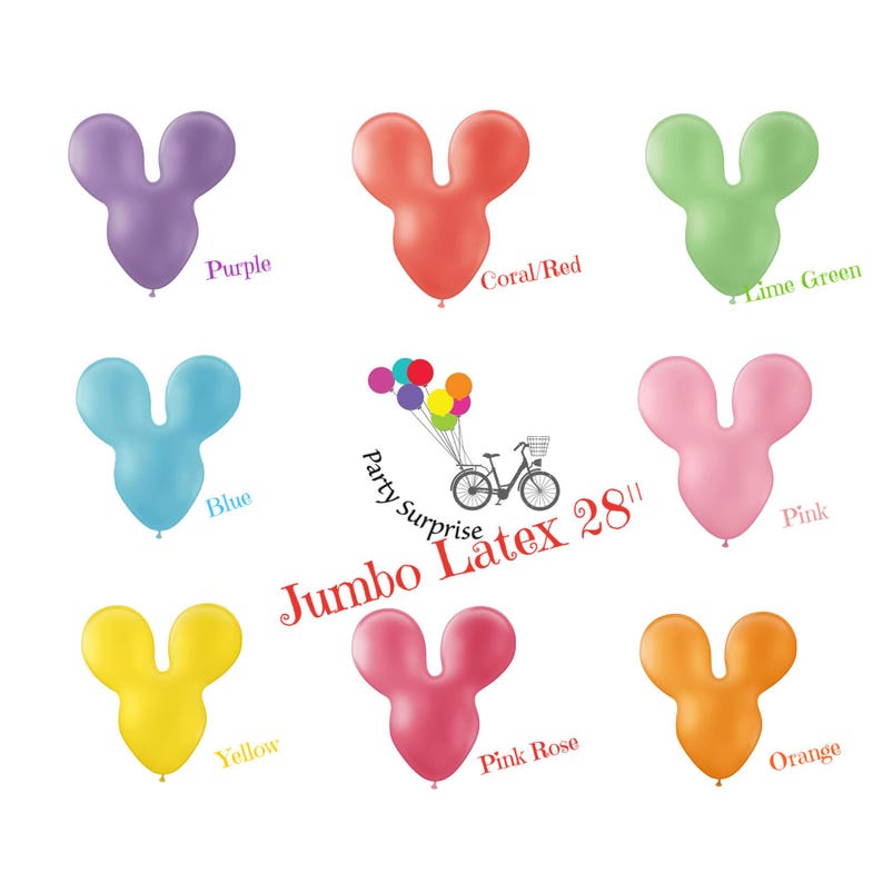 May include: Assortment of 28 inch jumbo latex balloons in various colors, including purple, coral red, lime green, blue, yellow, pink rose, pink, and orange. The balloons are shaped like a Mickey Mouse head with two ears.