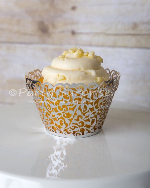 Silver Cupcake Wrappers Metallic Foil Lace Filigree Wedding Birthday