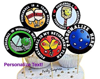 Pickleball Cake Topper And Party Pack – Silver Pickleball Birthday Hat Decoration With Stand Plus 6 Mini Yellow Balls, 6 Green Balls, And 6 Mini Paddle Party Favors