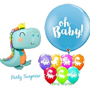 Babysaurus Balloon Pkg, Oh Baby 36&quot;, Dinosaur Balloons Baby Shower Gender Reveal 1st 2nd Birthday, Balloons Made in USA