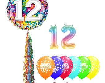 12th Birthday Balloon Set: Rainbow Mylar, Latex, Twirlz Tail