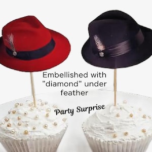 Mens Hats Derby Fedora Red Black Personalize Custom Hand Made in NV, Party Decor Cupcake/Cake Hat Toppers Banners, Embellished Optional