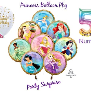 Princess Balloon Bouquet 8 Mylar Foils Girls Princess Party Disney Party Girl Birthday Number Balloon Crown Latex Party Made in USA