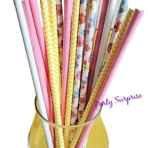 Paper Straws Floral Straws Yellow Pink White Straws Girls Birthday Party Women Party Garden Party Strong Paper Straws