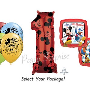 May include: A set of Mickey Mouse themed birthday party balloons. The set includes a large red number one balloon, two square balloons with Mickey Mouse and friends, and three round balloons with Mickey Mouse and the words "Happy Birthday".