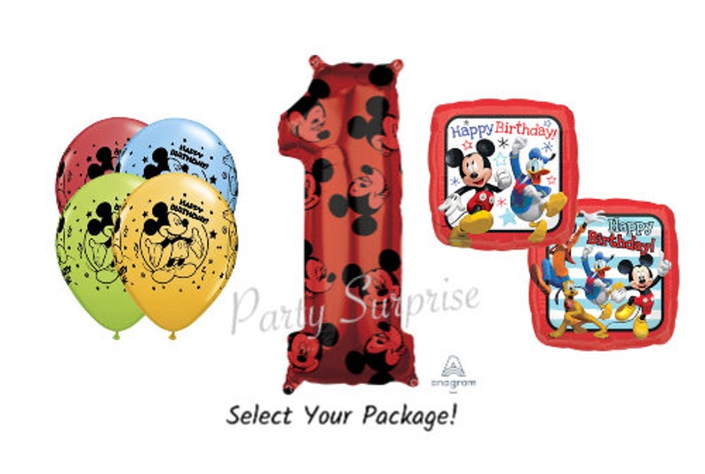 May include: A set of Mickey Mouse themed birthday party balloons. The set includes a large red number one balloon, two square balloons with Mickey Mouse and friends, and three round balloons with Mickey Mouse and the words "Happy Birthday".