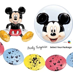 Mickey Mouse balloon package, Mylar foil and latex.  Jumbo Mickey Mouse bubble balloon. Made in USA. select your package.