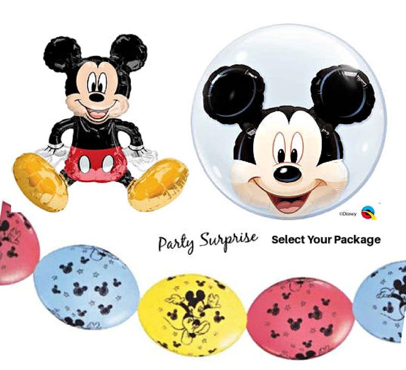 Mickey Mouse balloon package, Mylar foil and latex.  Jumbo Mickey Mouse bubble balloon. Made in USA. select your package.