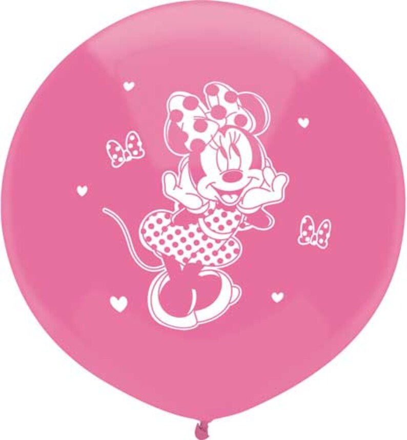 Pode incluir: Bal&atilde;o rosa com um contorno branco da Minnie Mouse vestindo um vestido de bolinhas e um la&ccedil;o. O bal&atilde;o tem cora&ccedil;&otilde;es e borboletas brancas ao redor da Minnie Mouse.