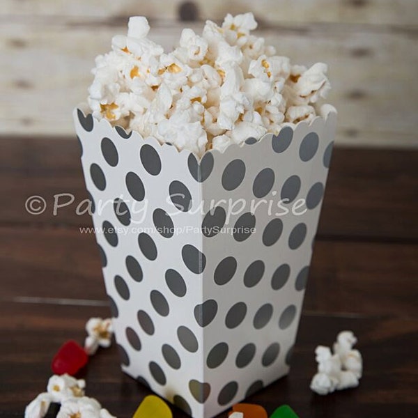 Silver mini popcorn boxes polka dot popcorn boxes, Favor Boxes, Nuts Candy Boxes, movie and game night boxes, party boxes