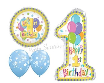 1st Birthday Balloons Boy Pastel Mylar Foil Jumbo Number 1 Balloon Package Blue 1st Birthday Boy Party Balloons Select Your Package