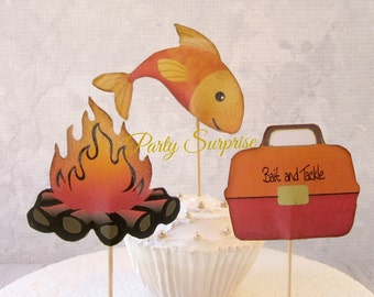 Fishing Party Camping Cupcake Toppers Fish Campfire Fish Tackle Box Toppers Boys Birthday Party Mens Bachelor Retirement Party Decoration