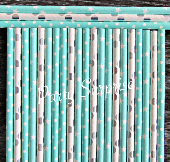 Blue Straw Mix Light Blue Dots and Stars Silver Foil Dots Boy Baby Shower Boy Birthday Bridal Shower Blue and Silver Straws Il_570xn