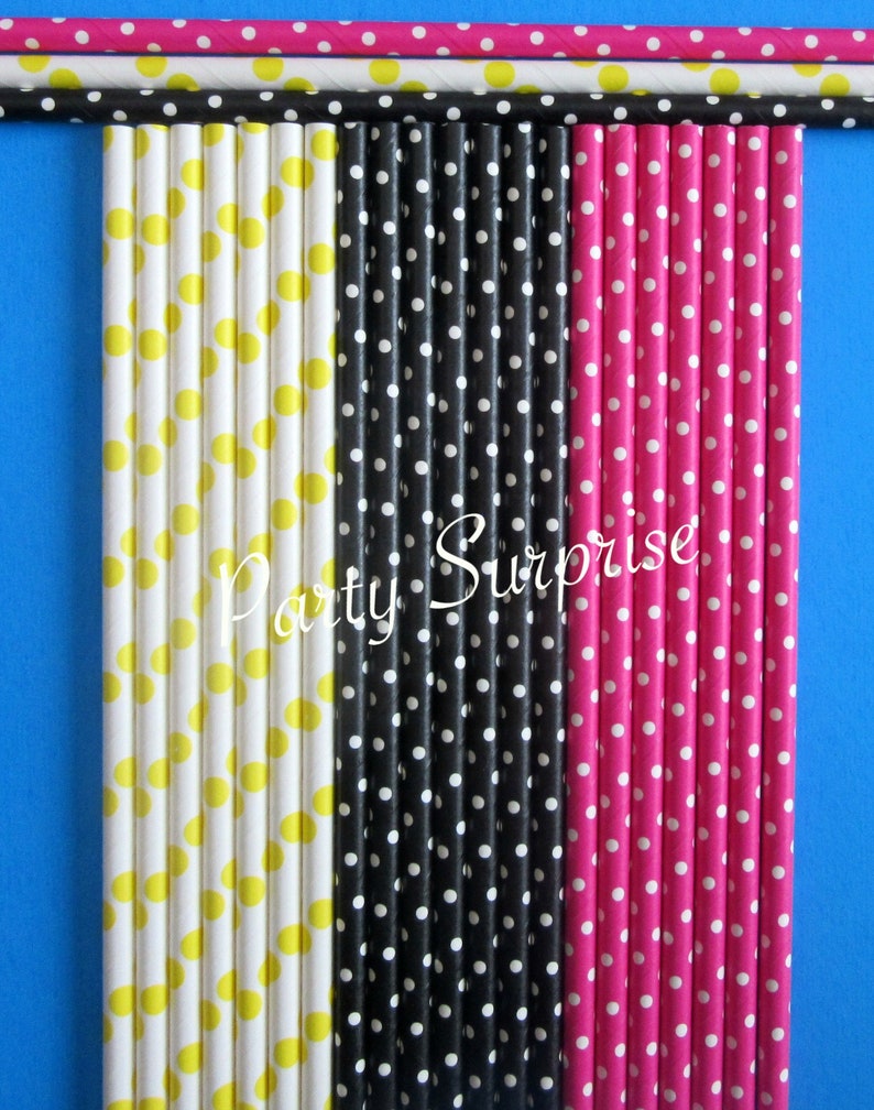 May include: A collection of colorful paper straws with polka dot patterns in yellow, black, and pink. The straws are arranged vertically against a blue background, with the text "Party Surprise" in white.