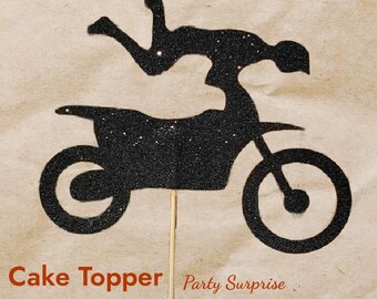 Black Glitter Motocross Cake Topper, Dirt Bike Party Decoration