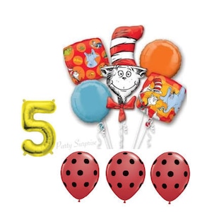 Dr Seuss Balloon Bouquet Cat In the Hat Kids Birthday Party Balloons 5 Mylar Foil Package Made in the USA image 1