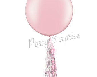 Pearl Light Pink 30" Balloon with Pink and White Balloon Tail Twirlz, Baby Girl 1st birthday Bridal Shower Jumbo Pink Balloon with tail