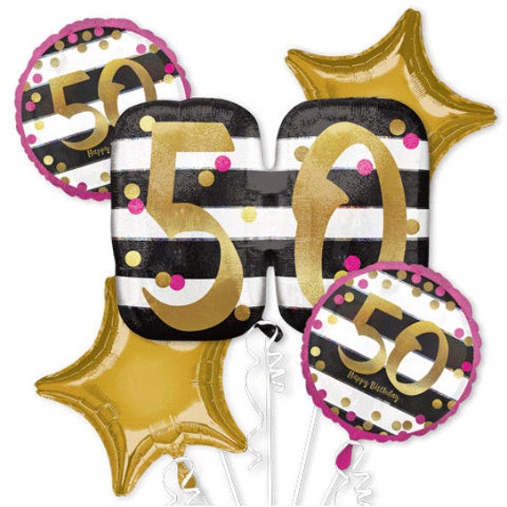 50th Birthday Balloon Package 5 Mylar Foil Black Gold White Etsy