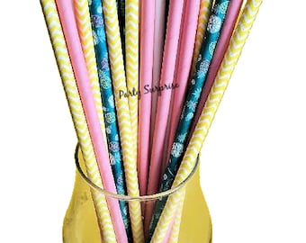 Pineapple Paper Straws, Yellow Chevron, Pink, White, Party Decor