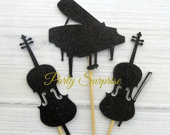 Music Cupcake Toppers Violin Cello Piano Black Glitter Cake Cupcake Toppers Music Band Orchestra Dance Suzuki Recital String Trio Toppers