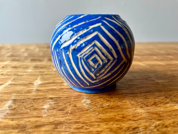 Tiny Blue Geometric Bud Vase