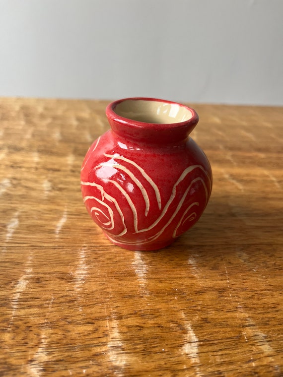 Tiny Red Sgraffito Bud Vase