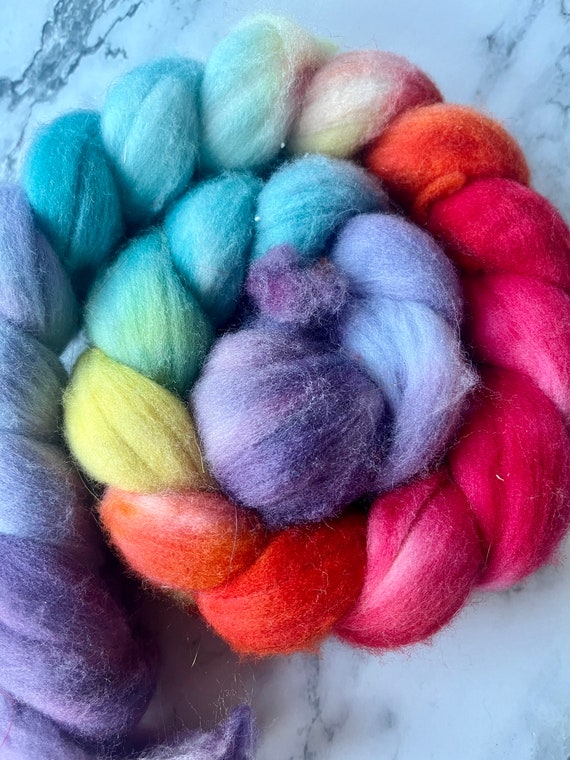 Hand Dyed Rambouillet Roving " Rainbow"