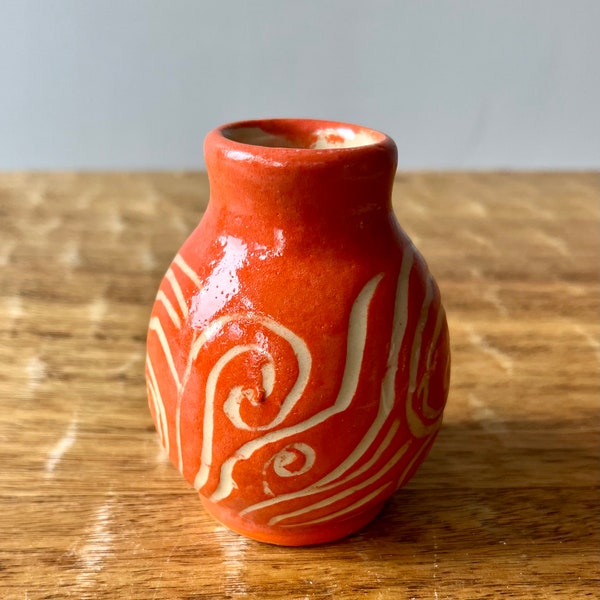 Tiny Orange Sgraffito  Bud Vase