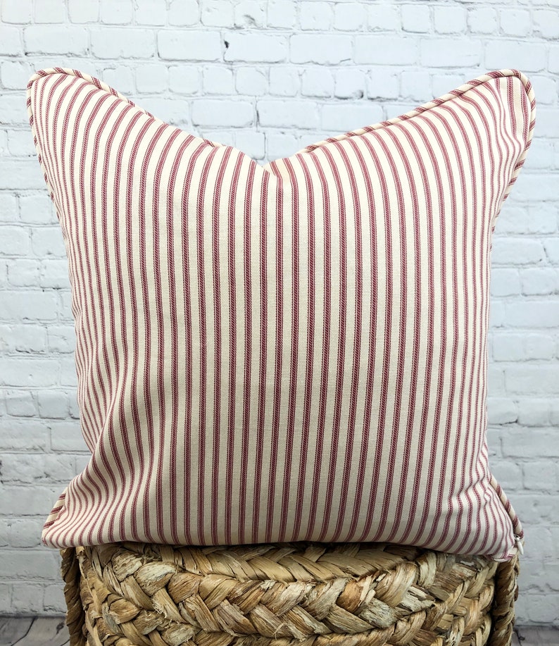 Red Ticking Stripe Custom Pillow Cover W/piping and Invisible Etsy