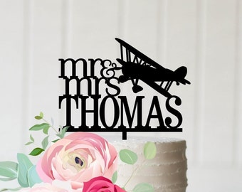 Wedding Cake Topper, Airplane Wedding Cake Topper, Biplane Cake Topper, Pilot Cake Topper, Mr and Mrs Wedding Cake Topper, Plane Cake Topper