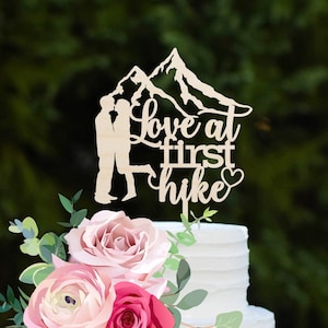 Hiking Wedding Cake Topper, Personalized Cake Topper for Wedding, Rustic Outdoor Wedding Cake Topper, Mountain Cake Topper, Gold Topper