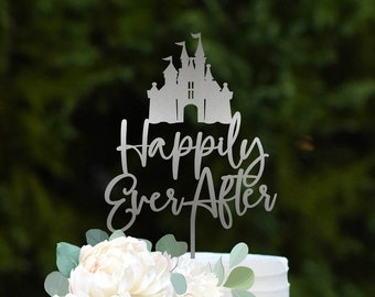 Cinderella Cake Topper Wedding Cake Topper Happily Ever After Cake Topper with Castle Gold Cake Topper Rustic Wedding Cake Topper