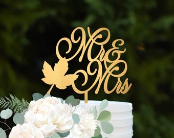 Fall Mr and Mrs Wedding Cake Topper Autumn Wedding Cake Topper Gold Cake Topper Rustic Wedding Cake Topper Mr Mrs Topper Wedding Decor