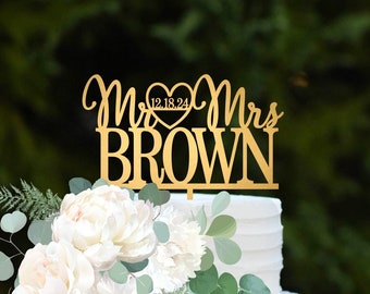 Gold Mr and Mrs Wedding Cake Topper, Custom Cake Topper, Rustic Cake Topper, Wood Cake Topper, Name Cake Topper, Cake Topper for Wedding