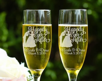 Cinderella Toasting Flutes, Happily Ever After Toasting Flutes, Champagne Flutes, Wedding Flutes, Customized Glasses for Wedding, Wine Glass