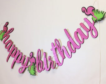 Flamingo Theme Happy Birthday Cursive Banner, 1set, Summer Party, Birthday Party, Photo Props, Garland